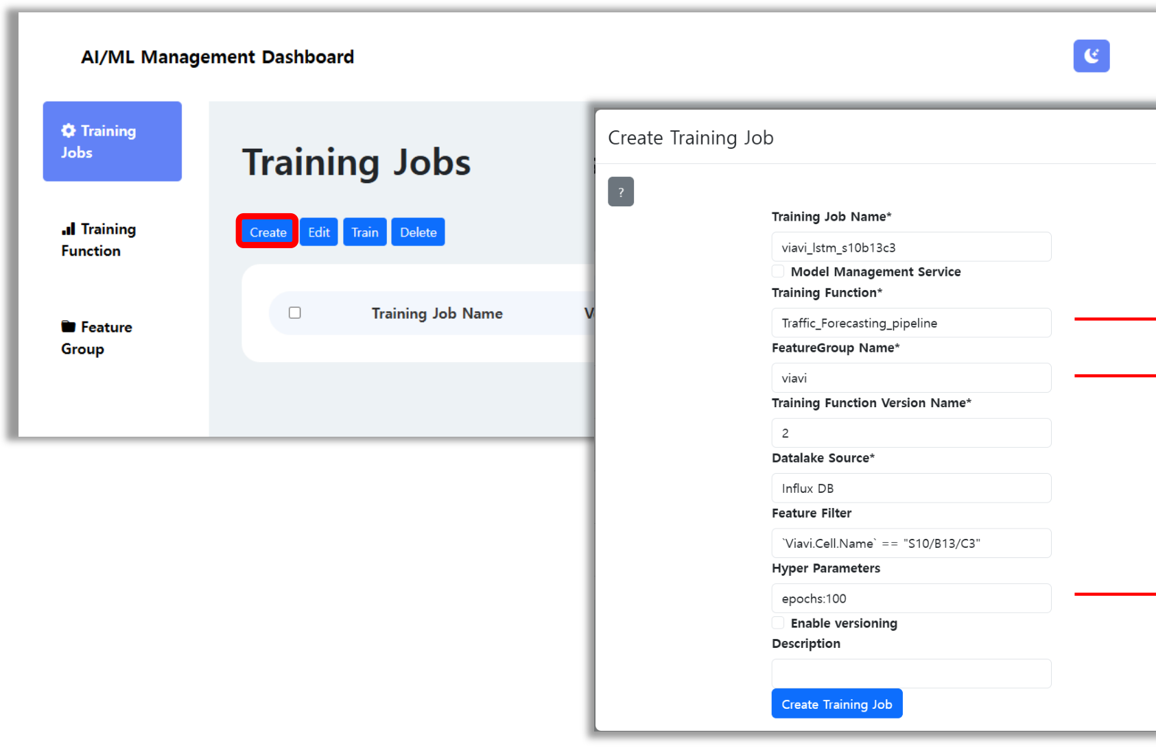 Create Training Job 폼